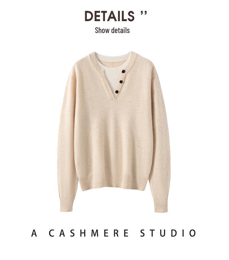 2026 A/W Women's Pure Cashmere Color Block Round Neck Two-Piece Knit Pullover Sweater