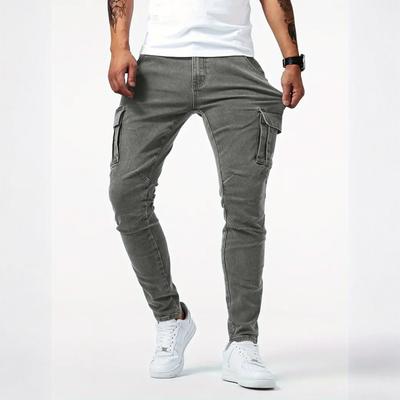 Men Slim Fit Denim Cargo Pants with Side Pockets Tapered Leg Stretch Casual Jeans for Everyday Streetwear