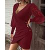 Mode Spitze Langarm V-Ausschnitt Sexy Kurzes Kleid Elegant Herbst Einfarbig Slim Fit Bodycon Partykleider Damen Knöpfe Lässig Einfache Kleidung