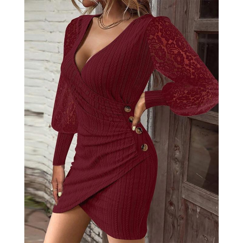 Mode Spitze Langarm V-Ausschnitt Sexy Kurzes Kleid Elegant Herbst Einfarbig Slim Fit Bodycon Partykleider Damen Knöpfe Lässig Einfache Kleidung