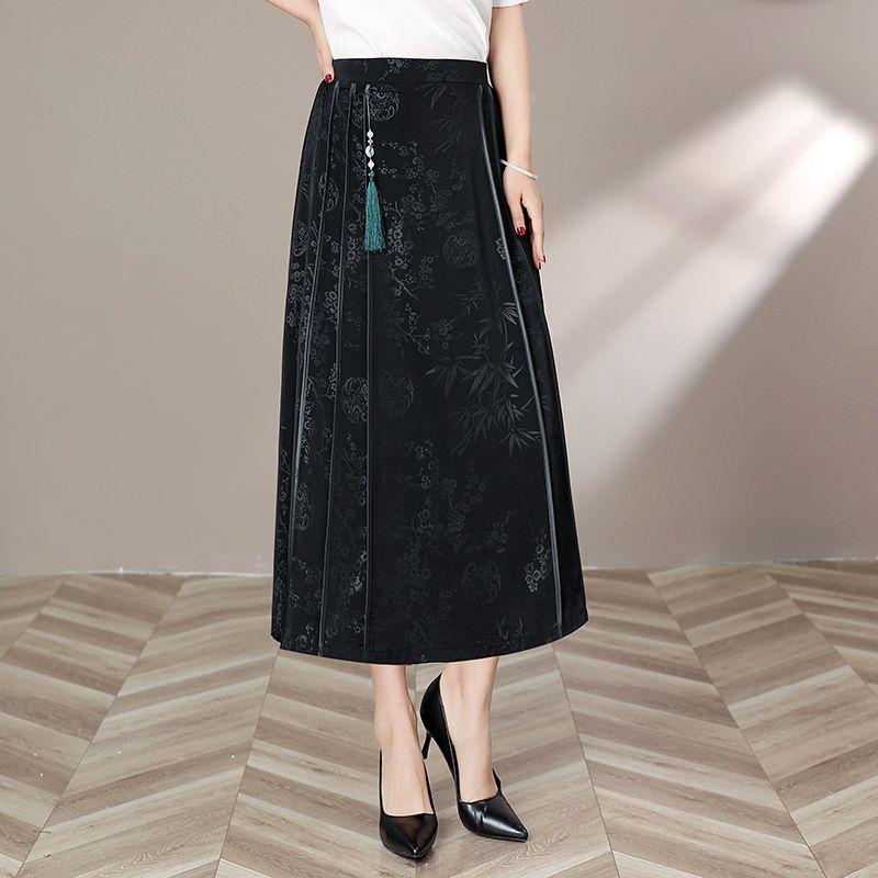 Women's Black Vintage Floral Pleated Midi Skirt Chinese Style Tassel Bead Decoration High Waist A-line Casual Daily Office Skirt