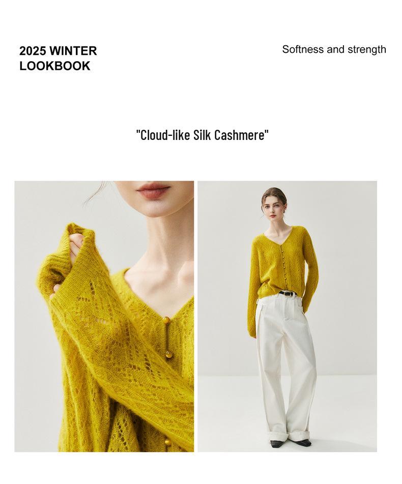 Women's V-Neck Hollowed Cashmere Cardigan - Loose Fit Autumn 2025 Cover-Up Pullover