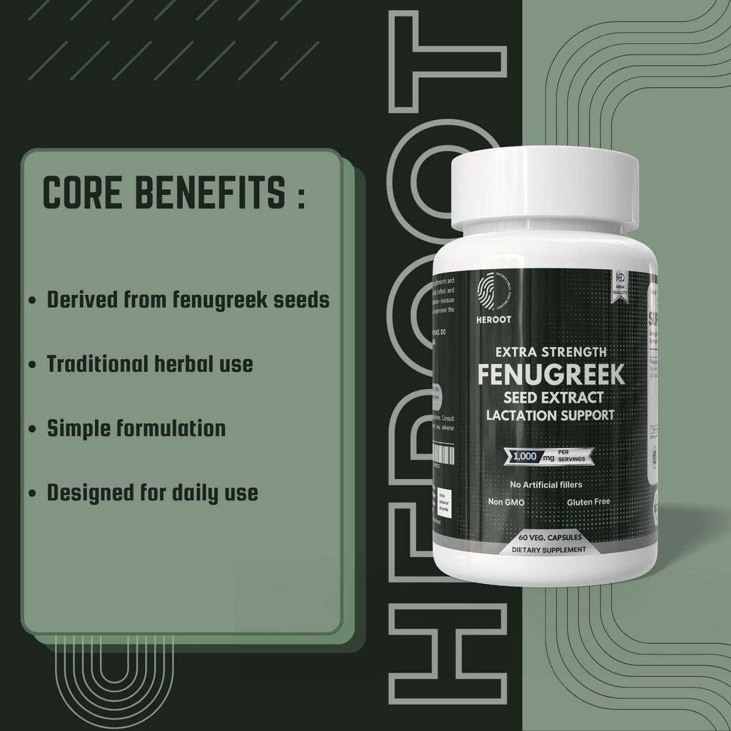 Heroot Fenugreek Seed Capsules 1000mg | Herbal Powder Capsules | 60 Count