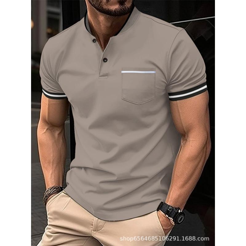 Frühlings Herren Kurzarm Tops Mann Einfarbig Stehkragen Tasche Poloshirts