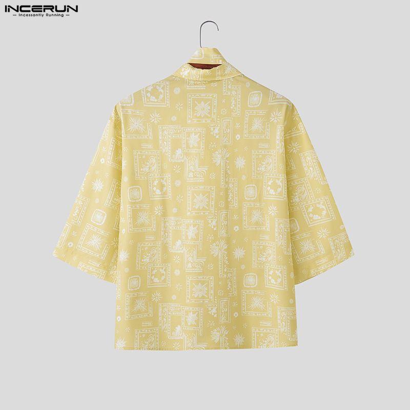 INCERUN Herren Reverskragen Kurzarm Floral Print Splicing Spitze Lässige Lockere T-Shirts Hemden
