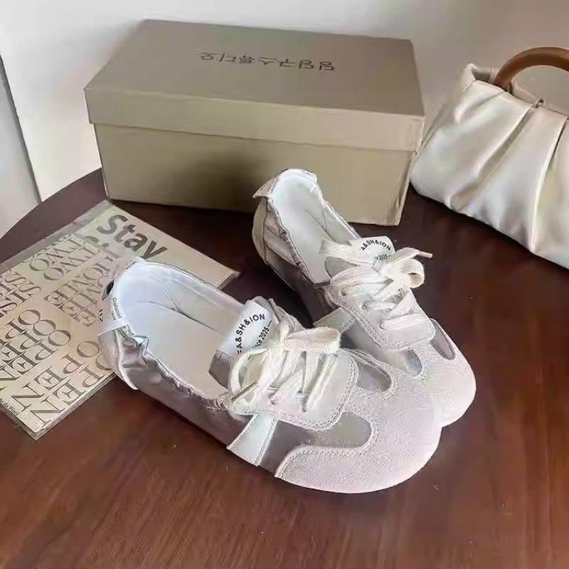 Pantofi de balet francezi de antrenament pentru femei, plat, vară 2024, noi, cu șireturi, respirabili, cu un singur pedal, pantofi albi, pantofi simpli la modă