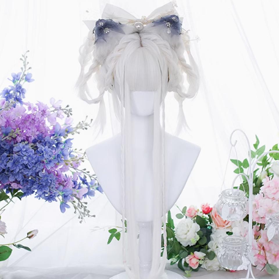 WTB White Long Straight Synthetic Wig Female Elegant And Fresh Lolita Straight Bangs Straight Hair Cosplay Party Wig