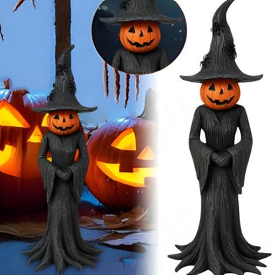 Halloweenská socha čarodějnice Gotická pryskyřice Okouzlující figurka čarodějnice s dýňovou hlavou Stolní ozdoba pro vnitřní domácí polici Stolní dekorace