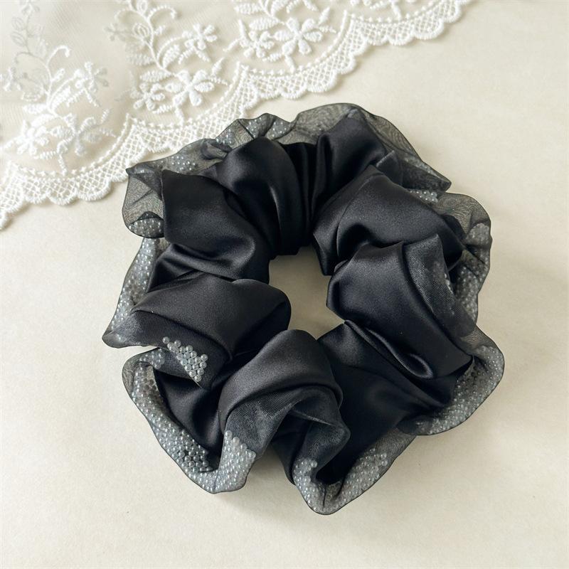 

Printed Flowy Hair Scrunchie With Contrast Trim Elegant Retro Vibe Large Ponytail Holder Fashion Headwear For All Occasions Black
