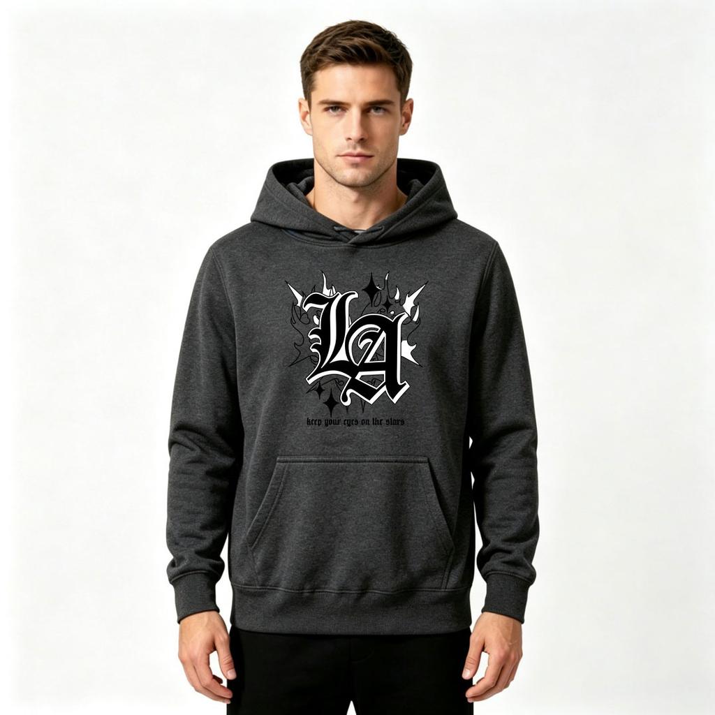 Erkek Kazak Kapüşonlu Sweatshirt, Günlük Giyim İçin Rahat LA Yıldız Alev Grafik Baskılı Uzun Kollu Kapüşonlu Sweatshirt