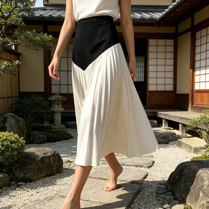 Lightweight Cotton Blend Aline Skirt With Color Blocking For Urban Office Wear