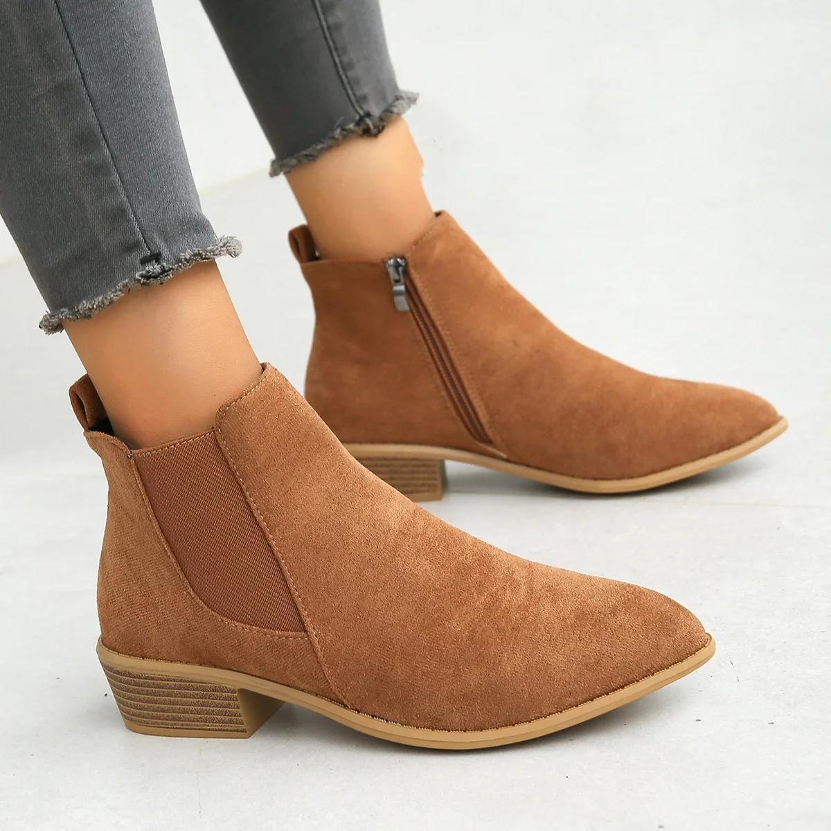 

Новые женские модные заостренные носки на низком каблуке, модные осенние замшевые однотонные повседневные короткие ботинки с боковой молнией на толстом каблуке 43