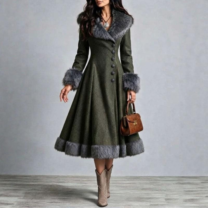 Womens Boho Western Wool Blend Long Coat With Removable Faux Fur Collar Slim Fit