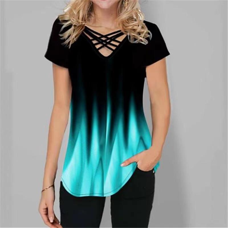 T-shirt da donna alla moda estiva casual allentata a maniche corte con stampa sfumata o-collo e camicette T-shirt comode top
