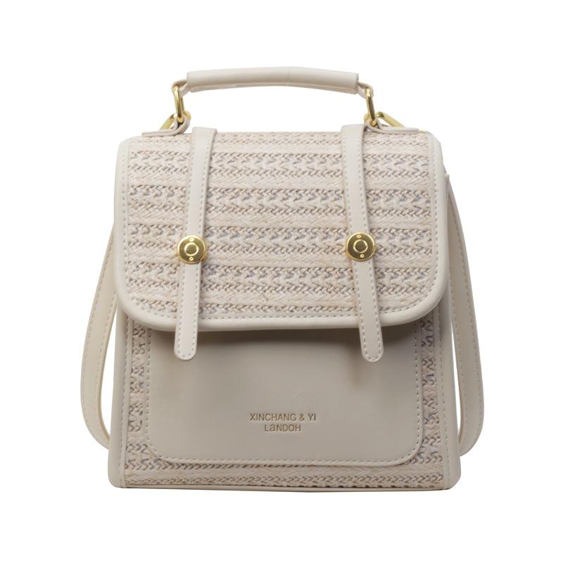 

Тканый двойной рюкзак женский 2025 весна новый на плечо колледж стиль нишевый ретро сумочка бежевый