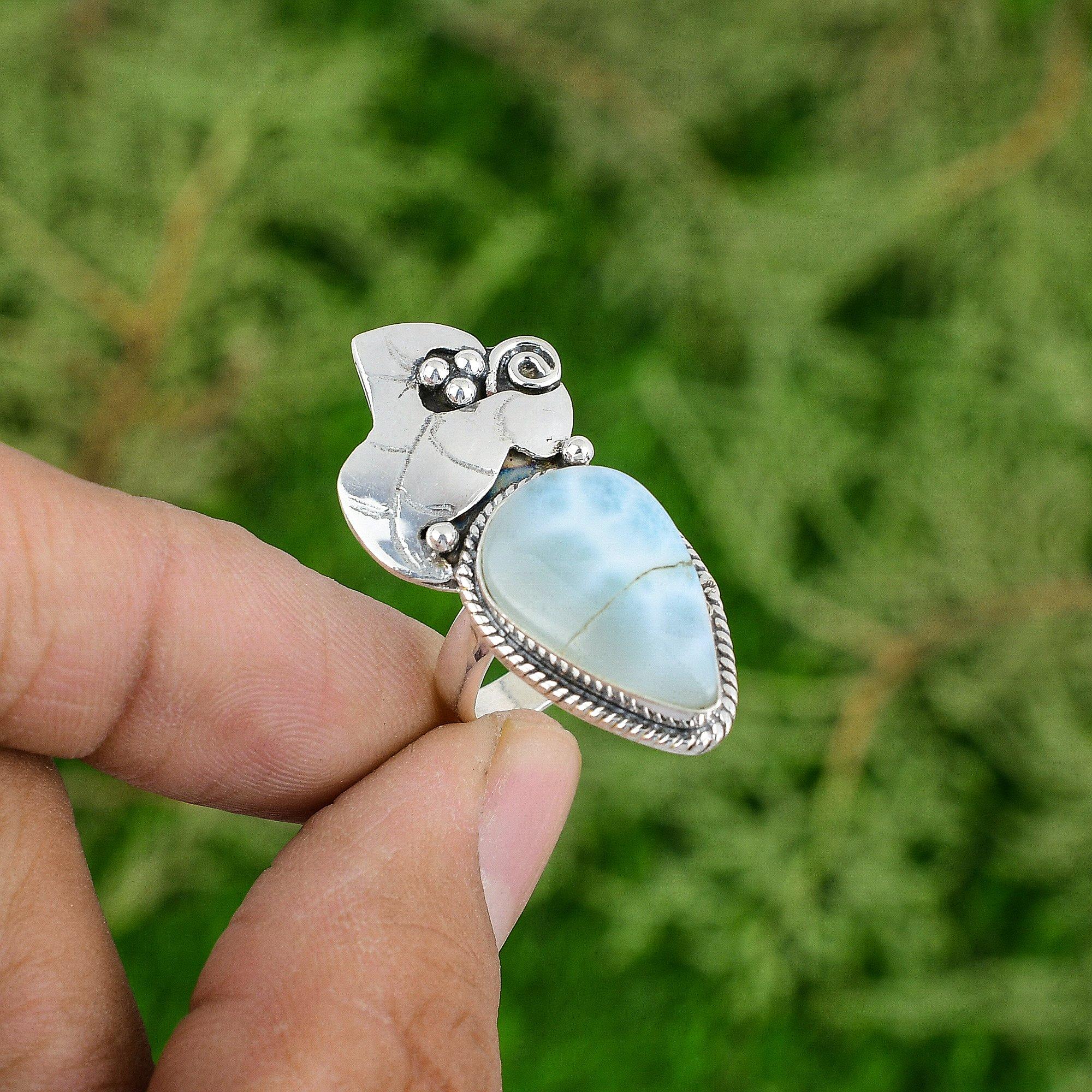 

Wedding Gift For Her 925 Silver Natural Larimar Multi Stone Ring Size 7.75 7.75