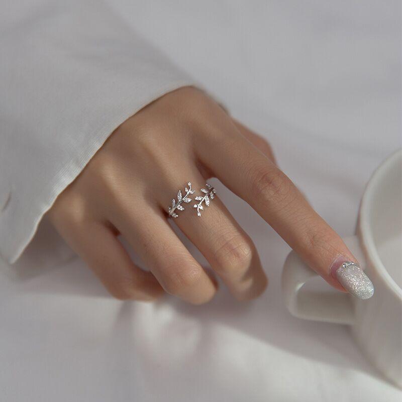 925  Silver small leaves micro-insert opening ring simple fashion sweet temperament leaf ornaments