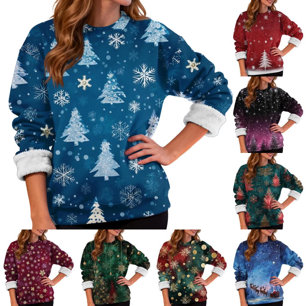 Women's Fashion Casual Long Sleeve Christmas Printed Round Neck Plus Velvet Thickened Sweatshirt