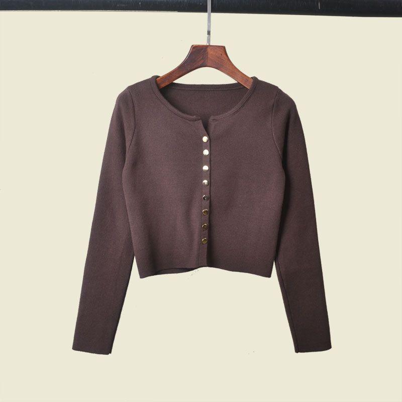 American Sexy Metal Buckle Knitting Outer Wear Cardigan Long Sleeves Female 2025 Spring High Waist Short Pure Desire Sexy Top
