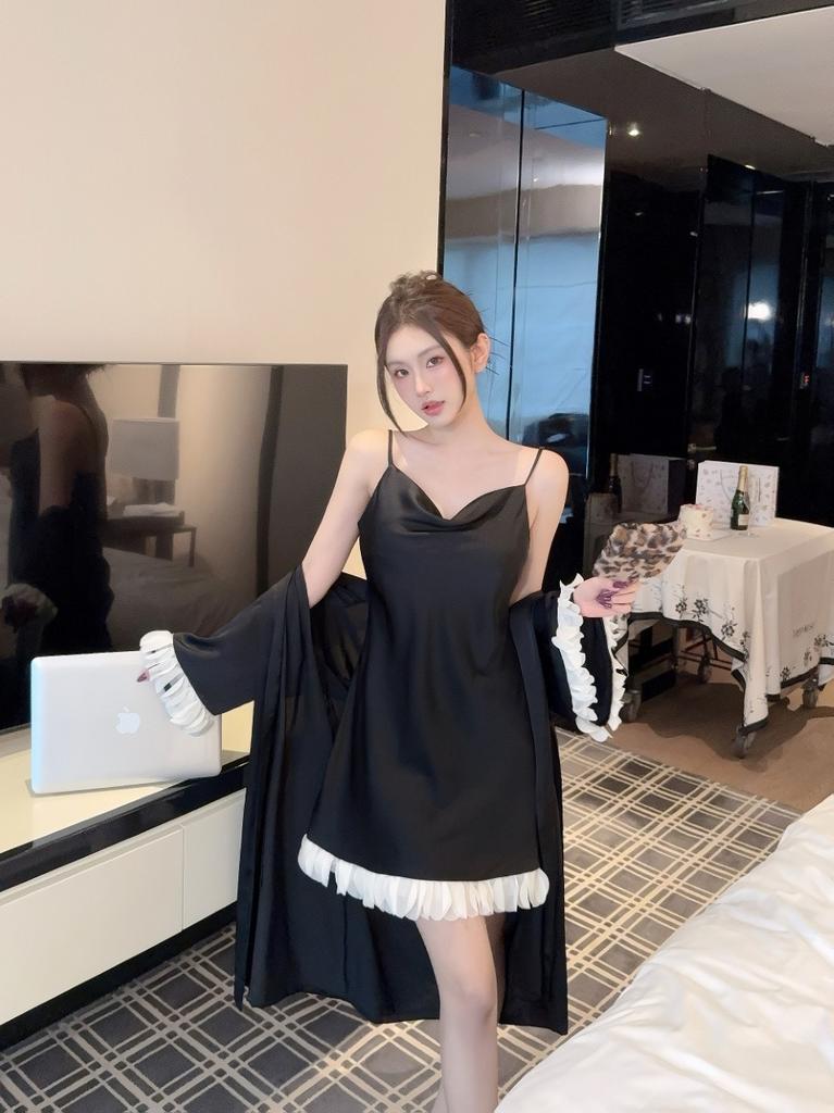 Summer New Ice Silk Nightgown Female Sexy Pure Desire Sweet Princess Style Thin Suspender Nightgown Loungewear Two-piece Set