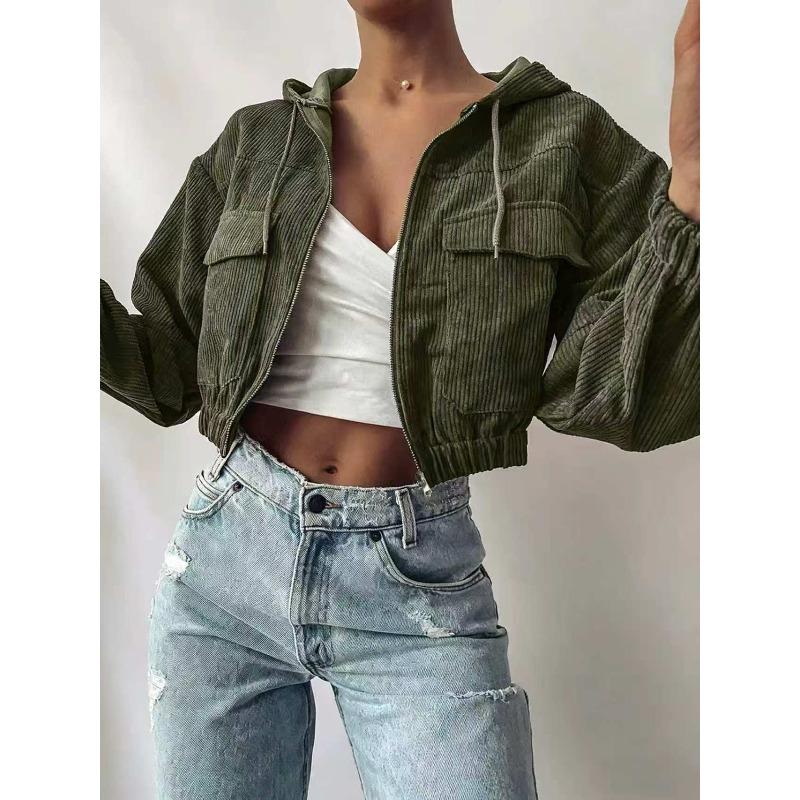 Women's Solid Color Core Fleece Hooded Drawstring Zipper Bubble Long Sleeve Short Jacket