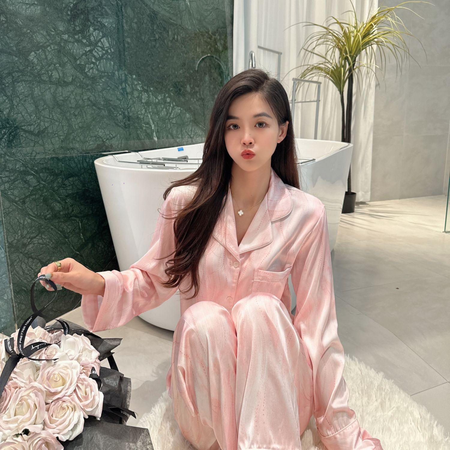 

Пижама из ледяного шелка для женщин, весна и осень, новый кардиган с длинными рукавами, тонкий высококачественный шелковый атласный комплект домашней одежды XL розовый