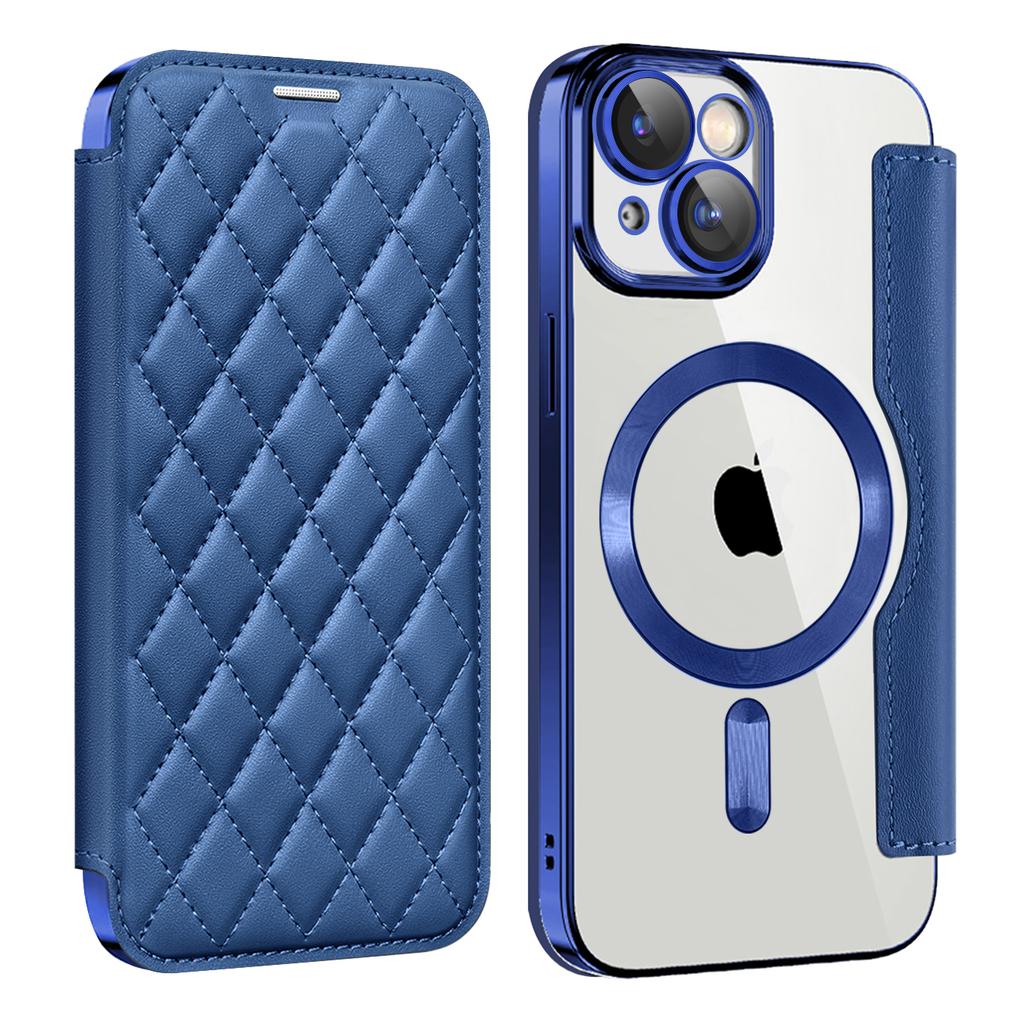 For iPhone 15 Plus Built-in Lens Film Phone Case RFID Blocking Card Slots Leather Cover Compatible with MagSafe