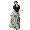 Large size women's clothing fat mm retro ink painting butterfly printing long dress women's niche design waist fake two-piece dress