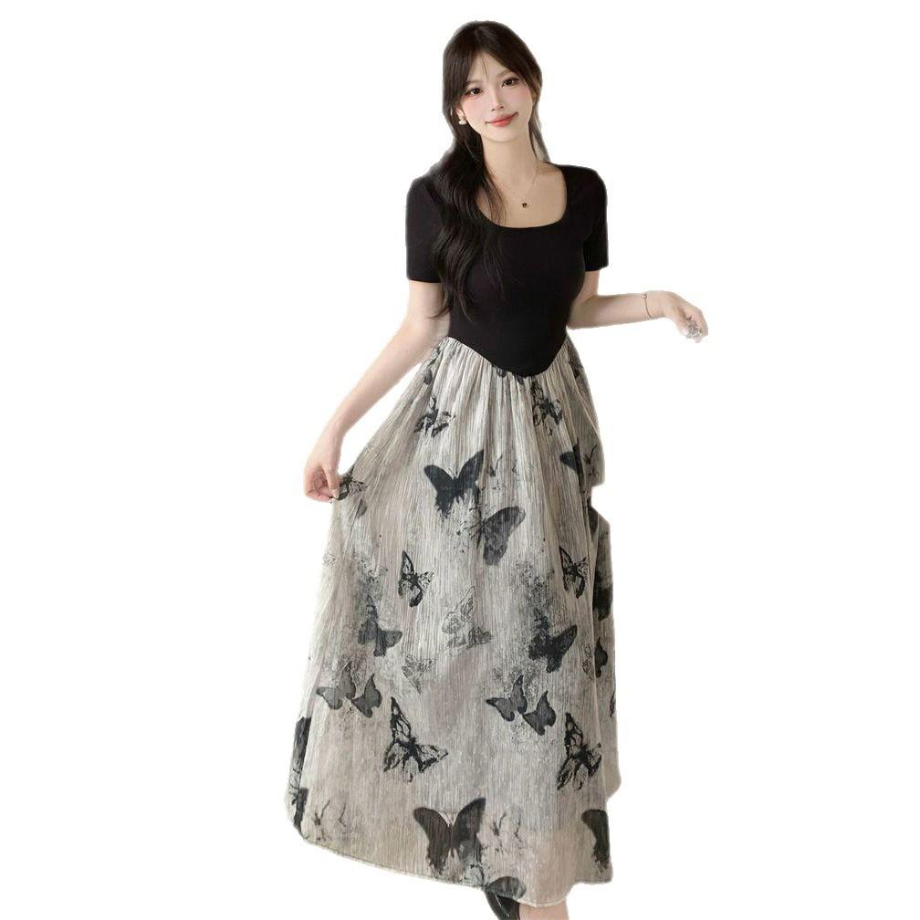 Large size women's clothing fat mm retro ink painting butterfly printing long dress women's niche design waist fake two-piece dress