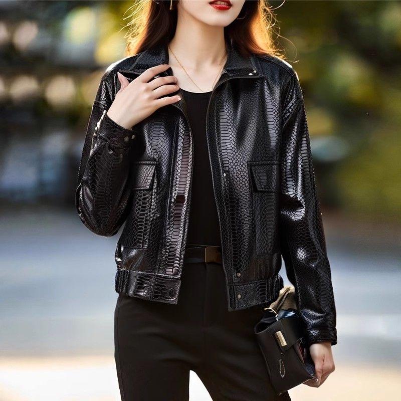 Red Short Soft Leather Jacket for Women Spring Autumn Loose Fit Casual Coat Petite Size