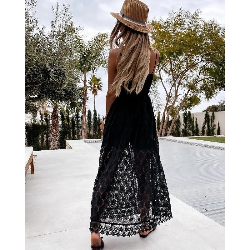 Summer V Neck Solid Color Lace Hollow-Out Sleeveless Sling Party Wear High Waist Rompers Holiday Casual White Women's Jumpsuit