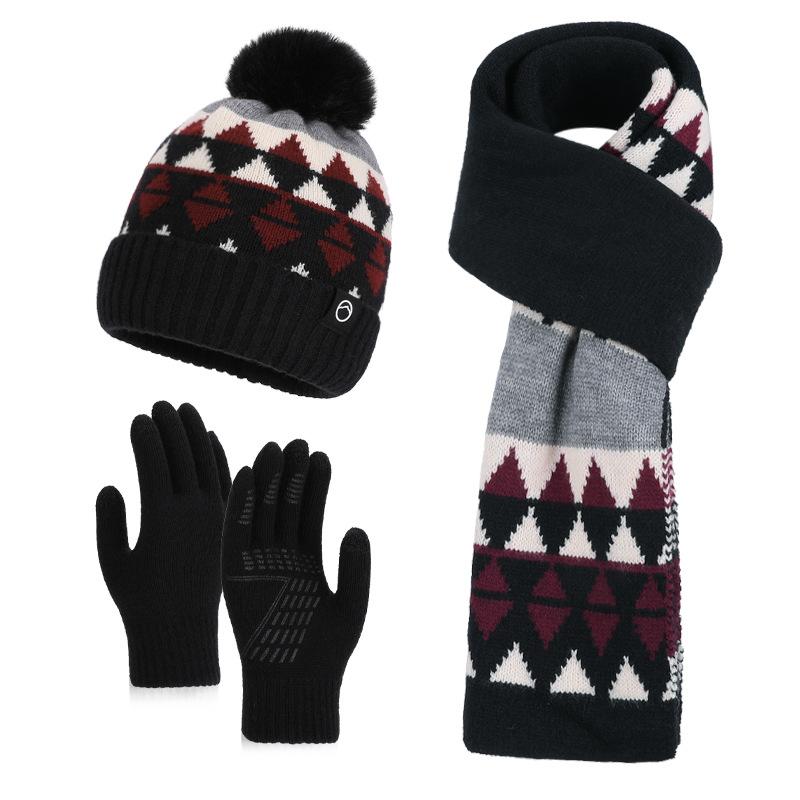 Winter outdoor velvet cold and warm hat scarf three-piece knitted wool hat women