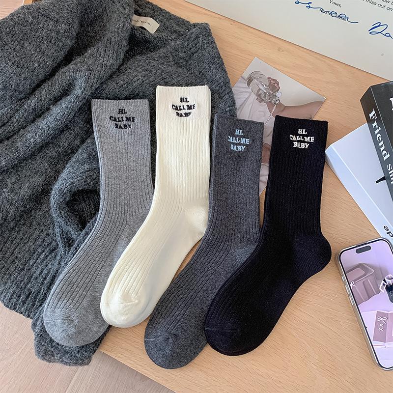 Autumn Double-needle Striped Fashionable Embroidered Letter Cotton Mid-calf Socks