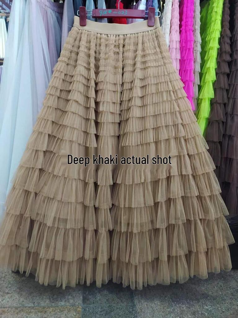 Women's Cross-Border Ruffle Mesh Midi Cake Skirt - Socialite Slimming Style