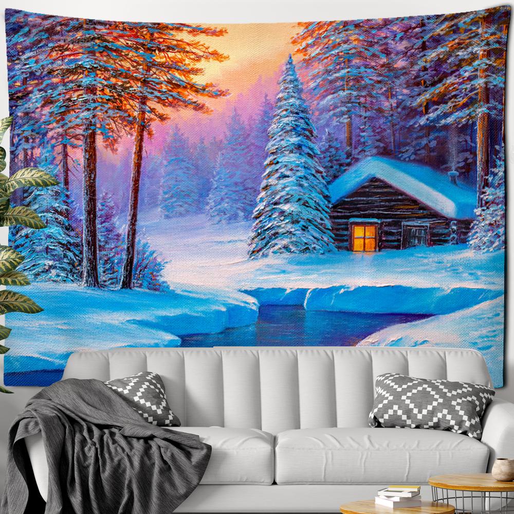 Ölgemälde Schneeszene Wandteppich Wandbehang Weihnachtsbaum Naturlandschaft Psychedelisch Hexerei Ästhetischer Raum