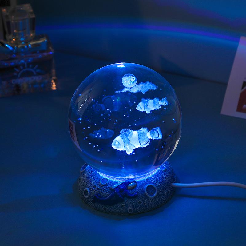 Cosmic 3D Crystal Ball Night Light with Seven-Color Resin Base