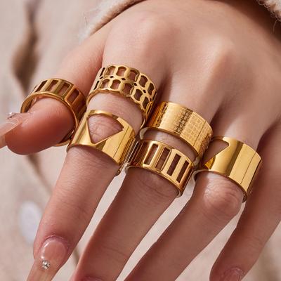 INS Geometric Hollow Wide Band Ring, 18K Gold Plated Stainless Steel - European American Fashion Jewelry