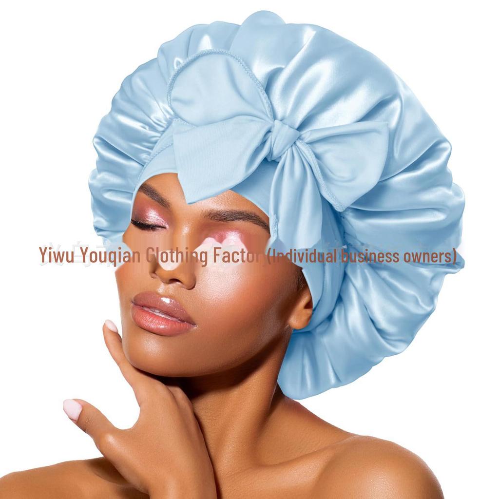 Elastische Schlaf- und Duschhaube aus Satin mit breiter Krempe für Damen – einfarbig, Größe L