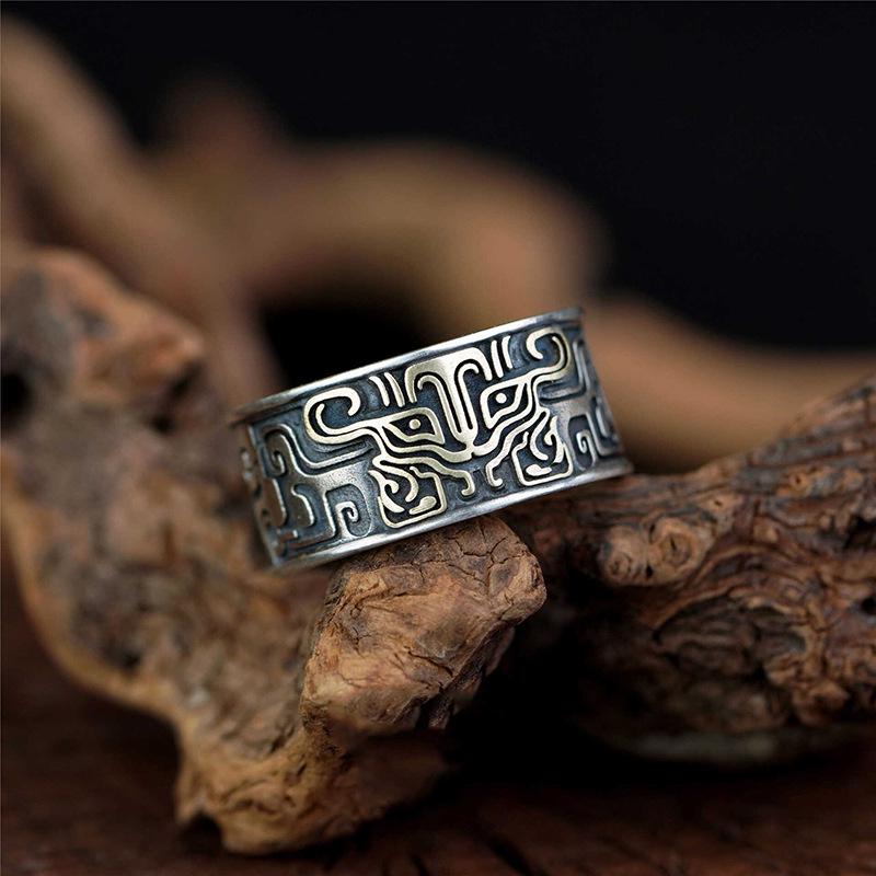 Yuexiang Taotie Pattern Open Ring: Chinese Style Mythical Beast, Retro and Bold Design.