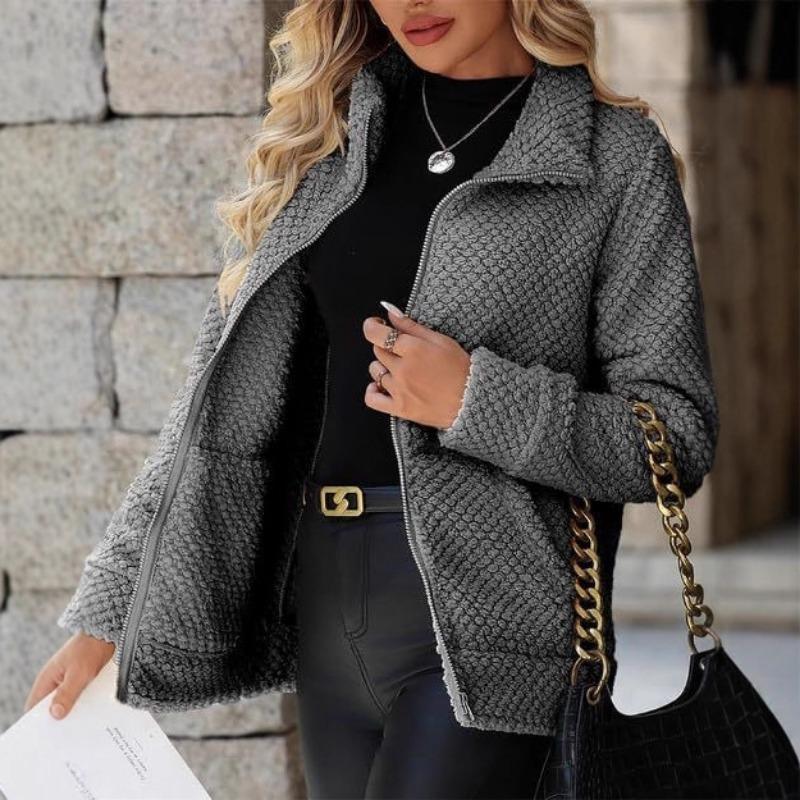 Women S Loose Casual Plush Coat With Pockets Lapel Zip Up