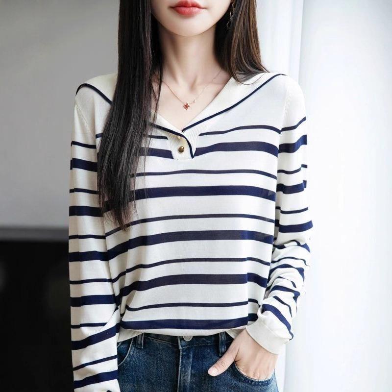 Navy Collar Striped Knitted Sweater Women's Sweater Bottom Shirt Loose Lyocell Lapel Long Sleeve Top Women's