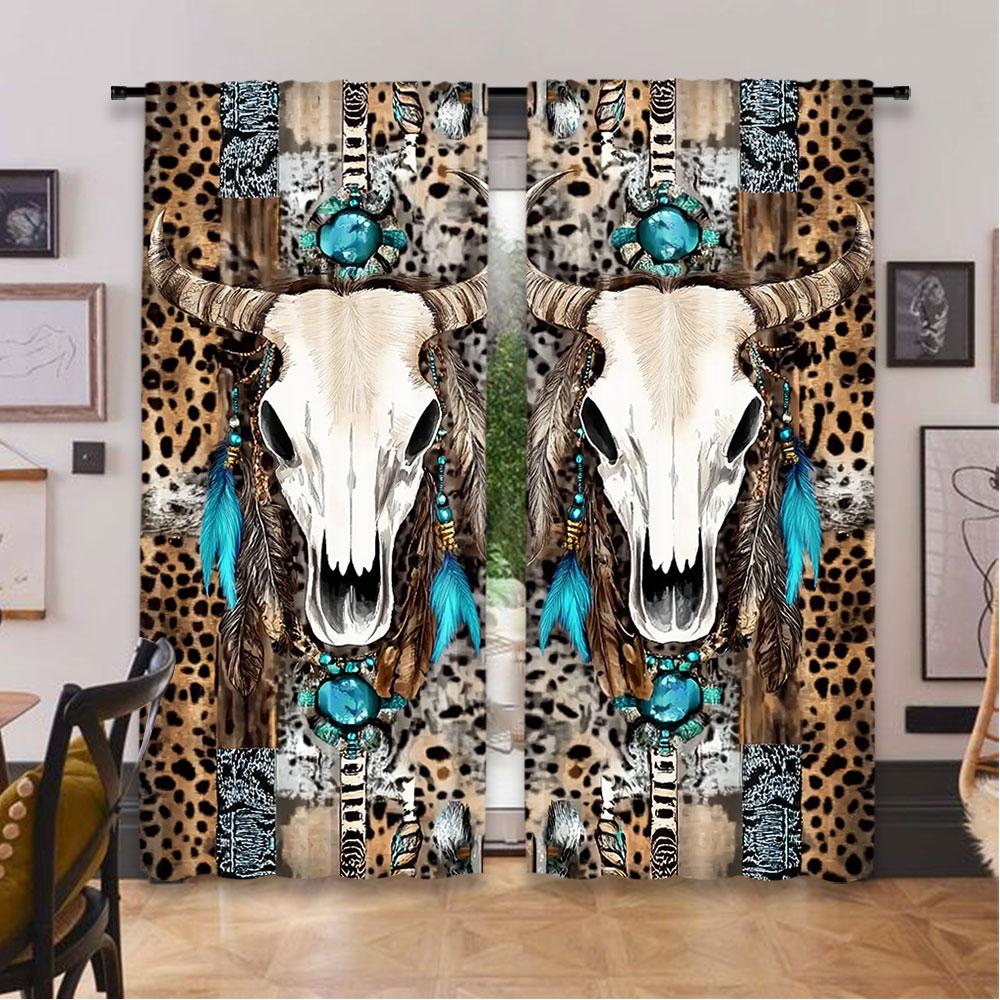 2Pcs Bohemian Chic Gemstone Cow Skull Leopard Printed Curtains Vintage Medieval Inspired For Bedroom Kitchen Dining Room Living