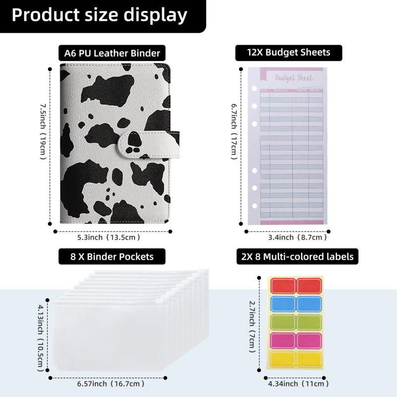 A6 Money Saving Binder Notebook with Cash Envelopes Cow Print Expense Budget Saving Challenge Planner
