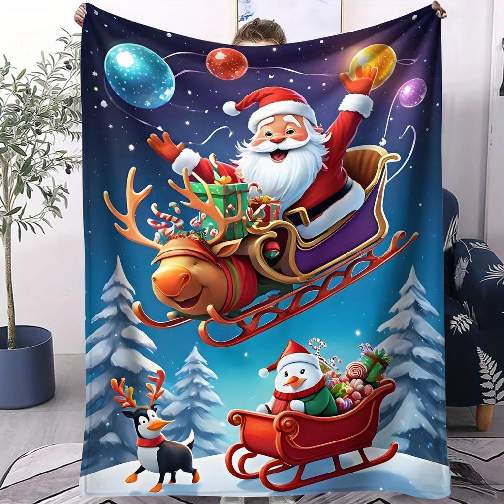 Christmas Flannel Blanket with Santa Reindeer Penguin Print Cozy Throw for Sofa Bedroom Camping Perfect Gift for Kids Couples