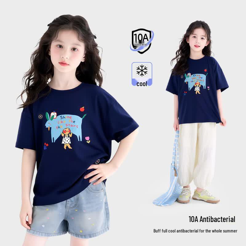 Tutuxiaoxiang Girls Antibacterial Cartoon Print Short Sleeve T-Shirt 120cm