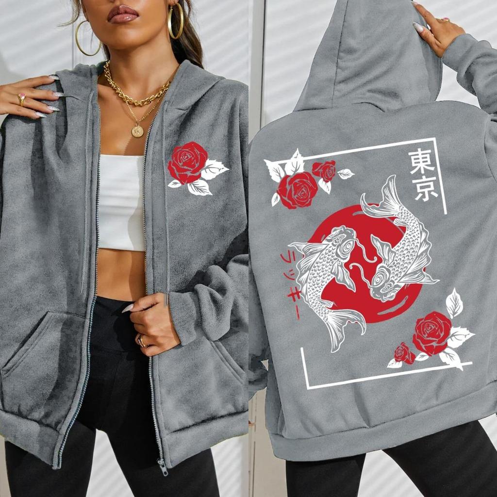 Tokyo Koi Fish Rose Harajuku Pattern Women Hoodie Street Oversize Hoodies Zipper Fleece Hoody Soft Woman Clothing