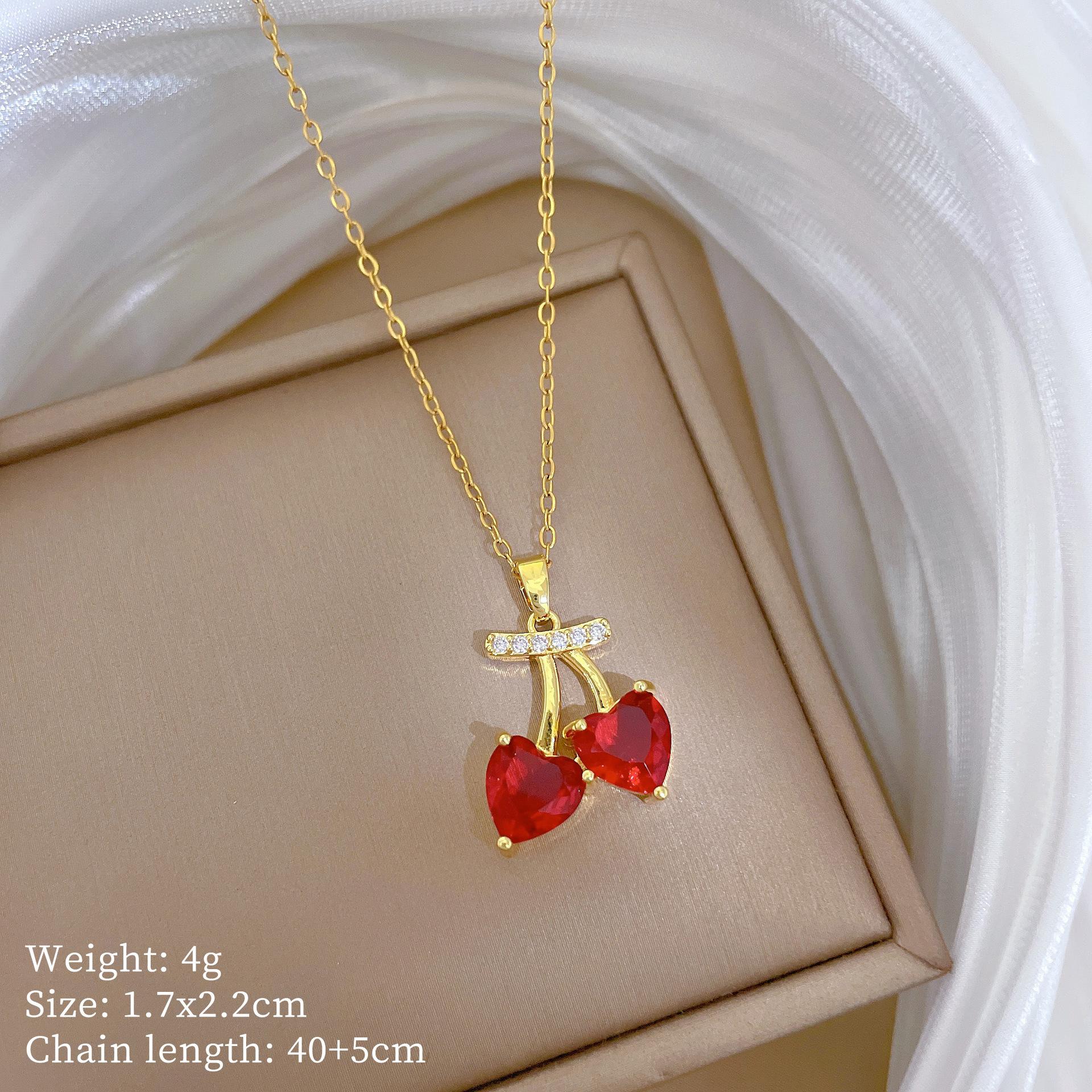 Fruit Red Cherry Fashion Light Luxury Temperament Gorgeous Full Diamond Necklace Women S Versatile Collarbone Chain Titanium Steel