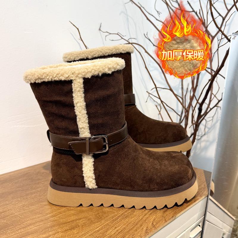 

Fleece thickened belt buckle winter new flanged snow boots women s leather thick-soled boots non-slip and warm 39