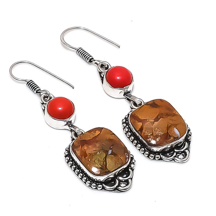 

Натуральный шовный агат, коралл, ювелирное изделие из серебра 925 пробы, серьга 2,17 G3D88