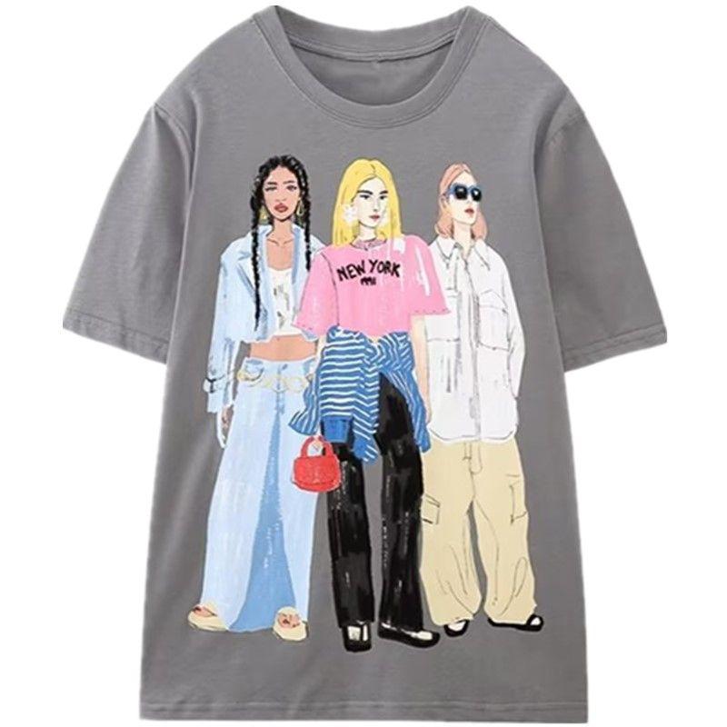 

Женская футболка Модная трендовая принт круглый вырез короткий рукав Dark gray M